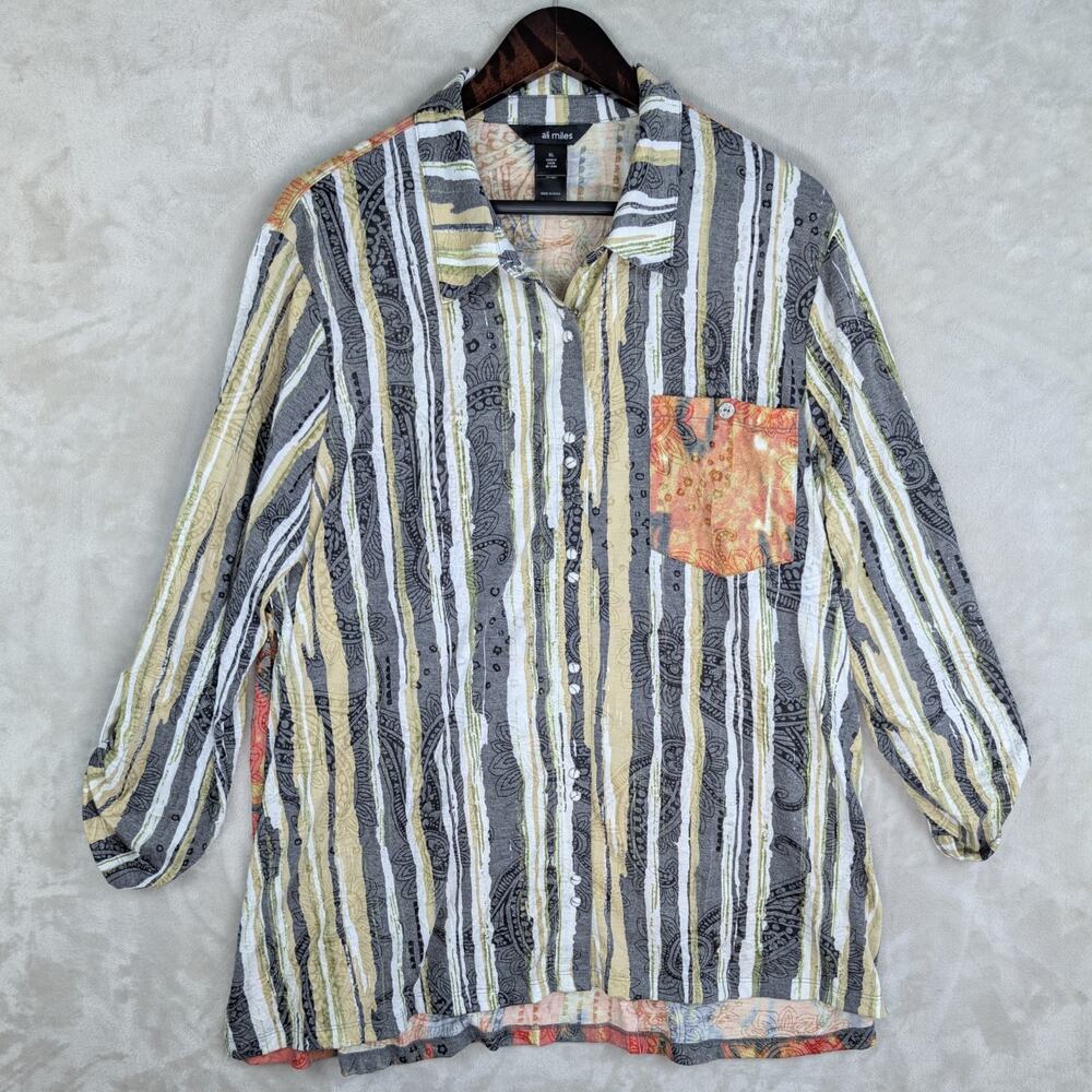 Ali Miles XL Artsy Tunic Shirt Mixed Print Paisley Stripe Roll Tab Lagenlook